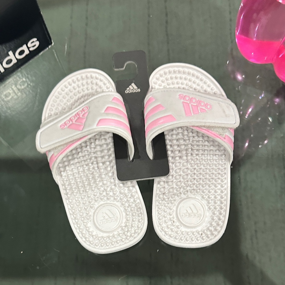 Adidas Kids Slide Sandals - White and Pink Stripes